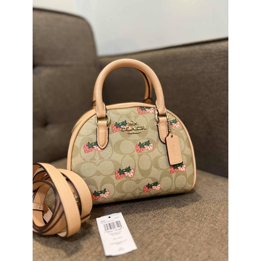 ORIG Preloved CCH Sydney Satchel Small Bag With Strawberry Print Light Khaki/Peach