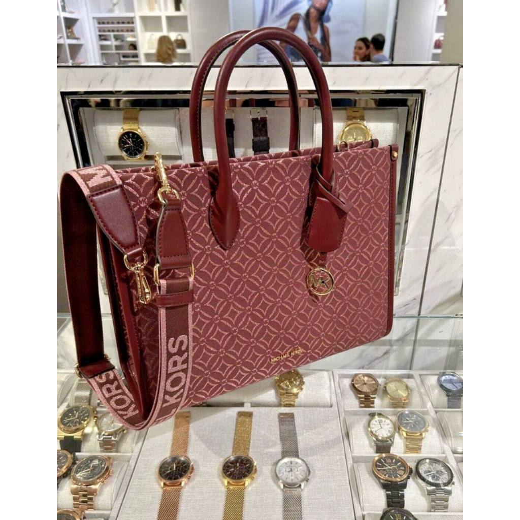 ORIG & IMPORTED MK Small Mirella Satchel Bag Graphic Logo Glitter Maroon Oxblood