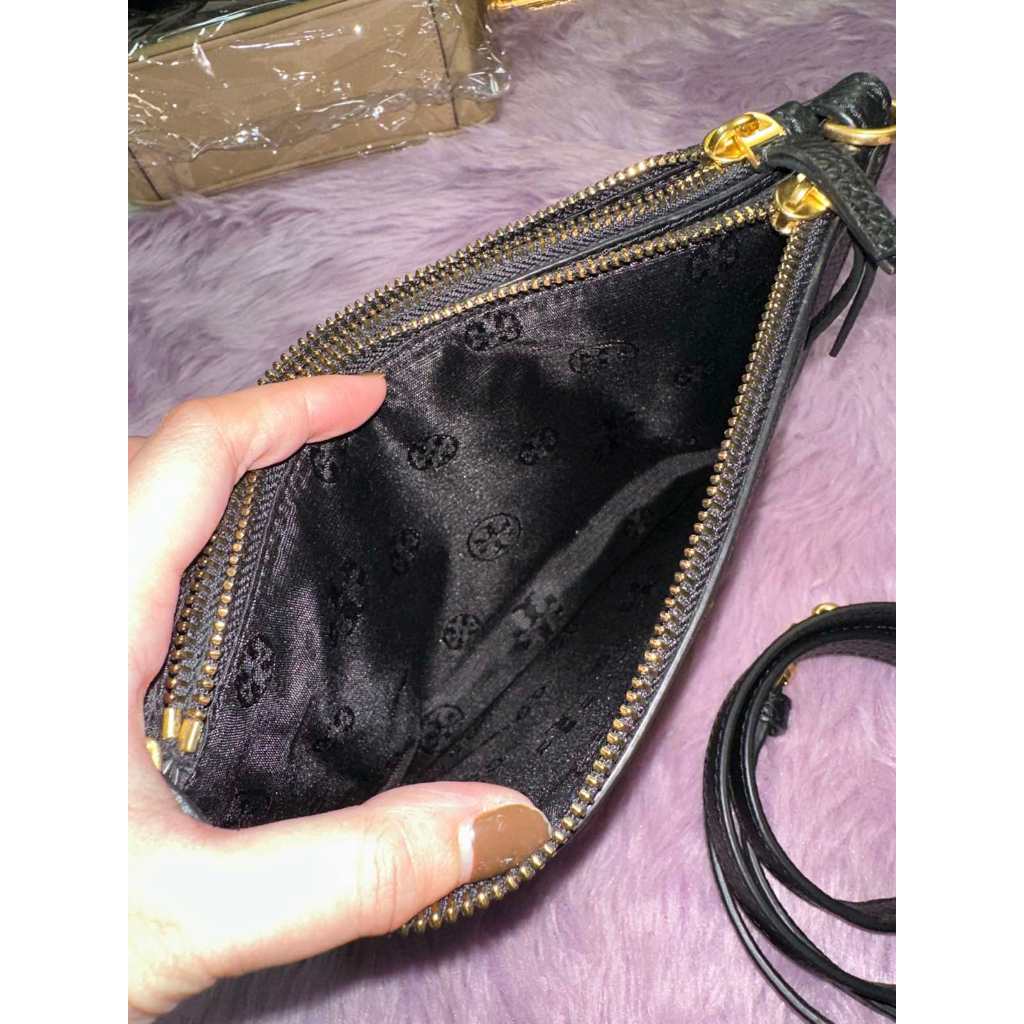 ORIG Preloved TB Double Zip Slim Crossbody Leather Bag BLACK
