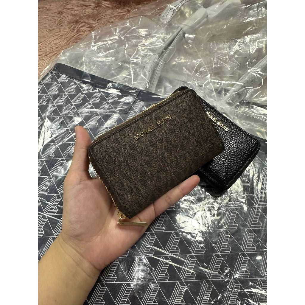ORIG & IMPORTED MK Small Semi Lux Zip Around Card Case Wallet Brown/White/Black
