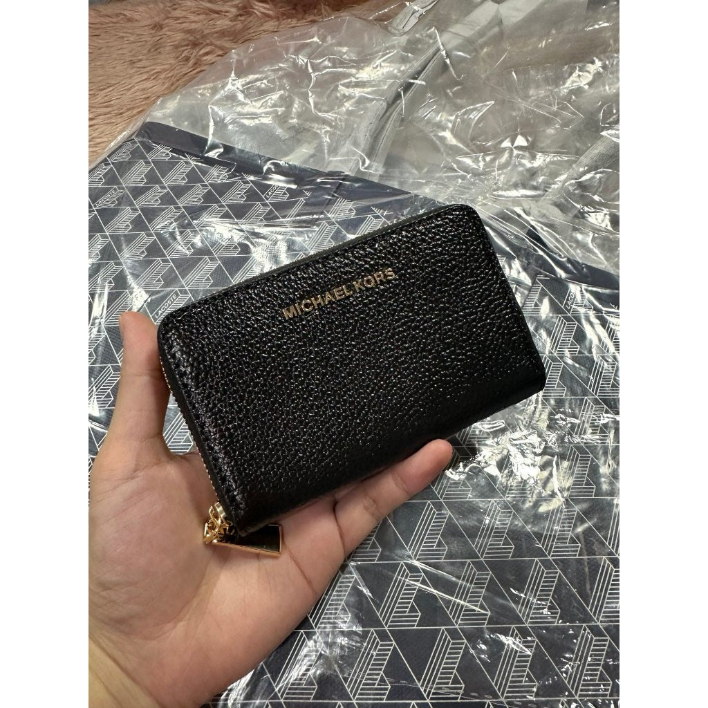 ORIG & IMPORTED MK Small Semi Lux Zip Around Card Case Wallet Brown/White/Black