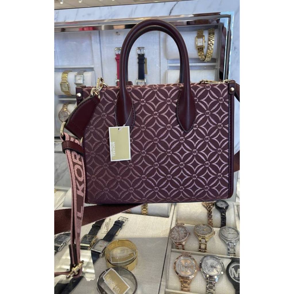 ORIG & IMPORTED MK Small Mirella Satchel Bag Graphic Logo Glitter Maroon Oxblood