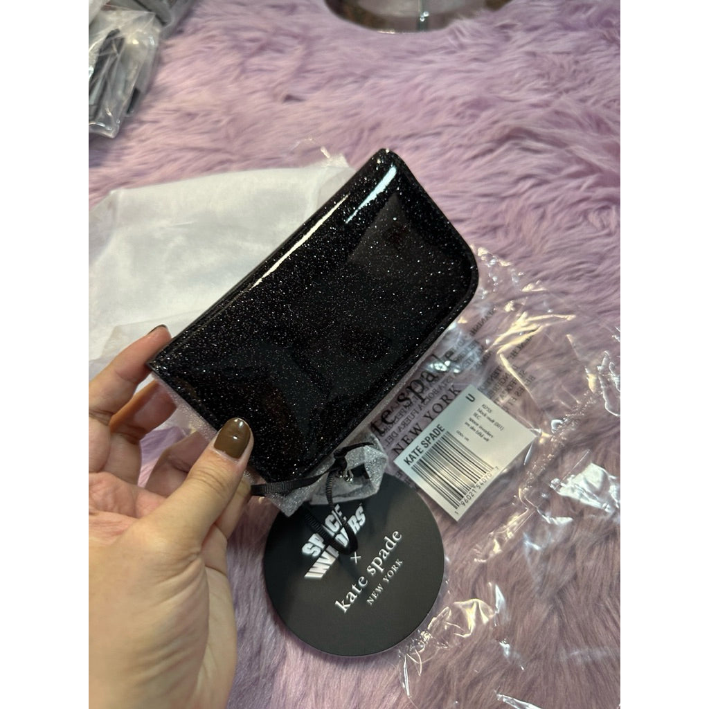 ORIG & IMPORTED KS Space Invaders X Kate Spade Glitter Patent Small Slim Bifold Wallet Black Blue