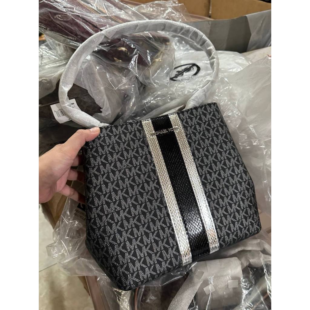 ORIG & IMPORTED MK Pratt Medium Signature Logo and Metallic Shoulder Bag Black