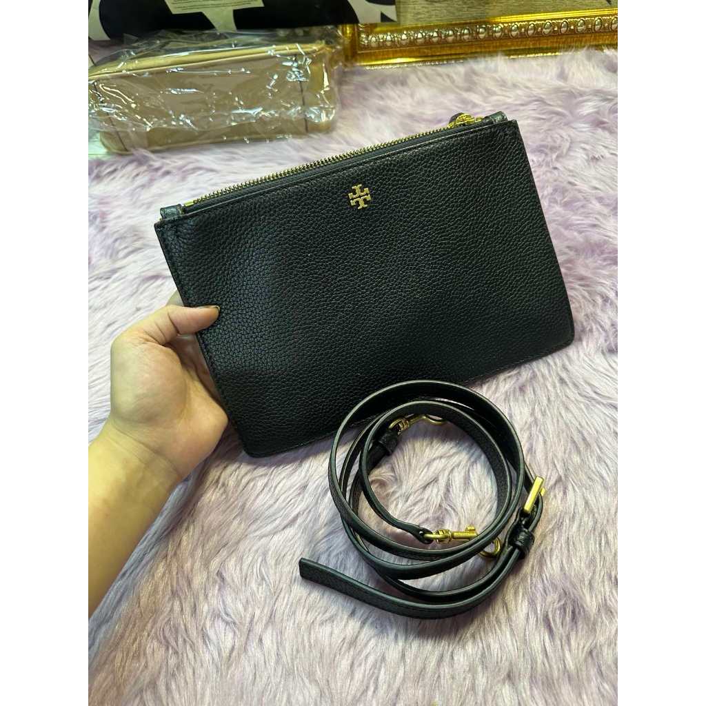 ORIG Preloved TB Double Zip Slim Crossbody Leather Bag BLACK