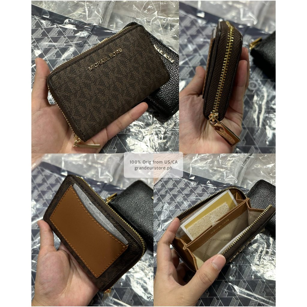 ORIG & IMPORTED MK Small Semi Lux Zip Around Card Case Wallet Brown/White/Black