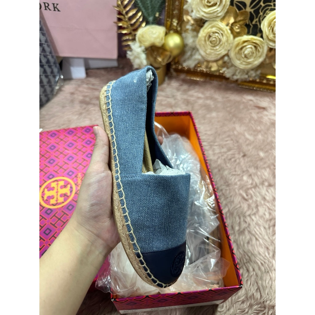 ORIG & IMPORTED Tory Burch w6 ONLY Denim Chambray Blue Flat Espadrille Shoe