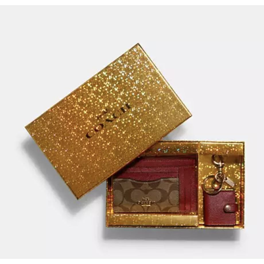 ORIG & IMPORTED CCH Boxed Skinny Id Case And Picture Bag Charm Set In Signature Canvas Brown/Red