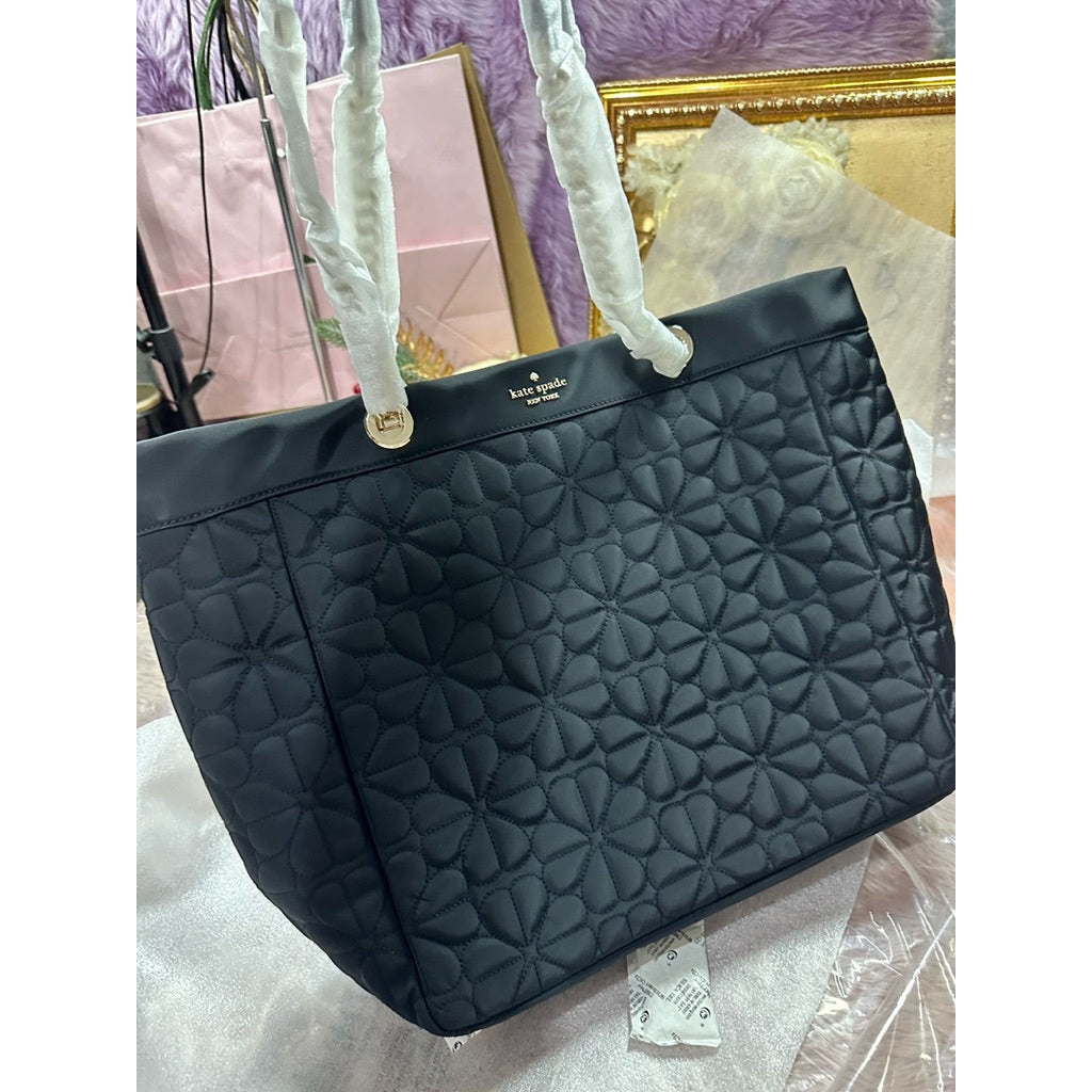 AUTHENTIC/ORIGINAL Kate Spade Flower Quilted Fabric XL Tote BLACK bag