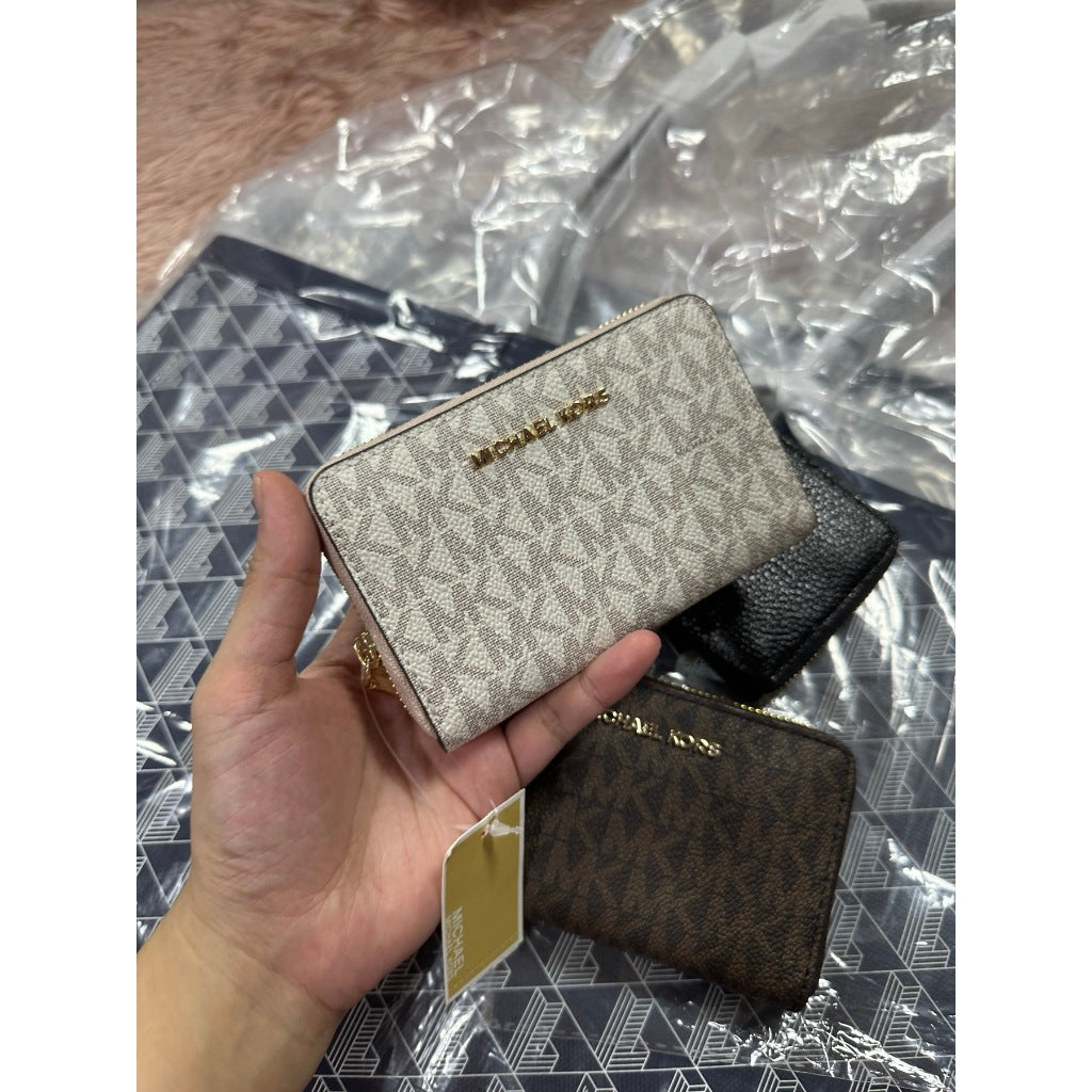 ORIG & IMPORTED MK Small Semi Lux Zip Around Card Case Wallet Brown/White/Black