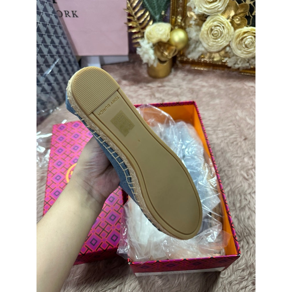 ORIG & IMPORTED Tory Burch w6 ONLY Denim Chambray Blue Flat Espadrille Shoe