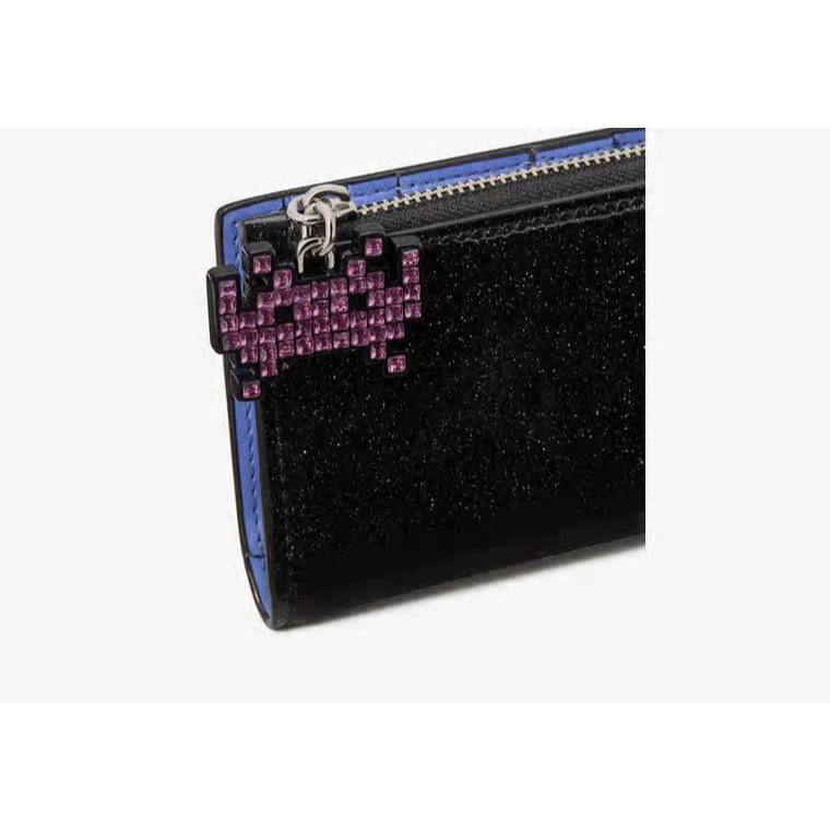 ORIG & IMPORTED KS Space Invaders X Kate Spade Glitter Patent Small Slim Bifold Wallet Black Blue