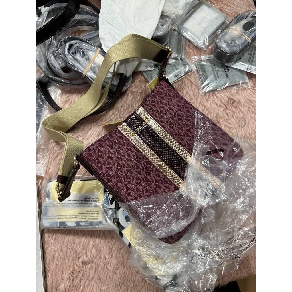 ORIG & IMPORTED MK Jet Set Travel Small Signature Logo and Metallic Messenger Bag Oxblood/Vanilla