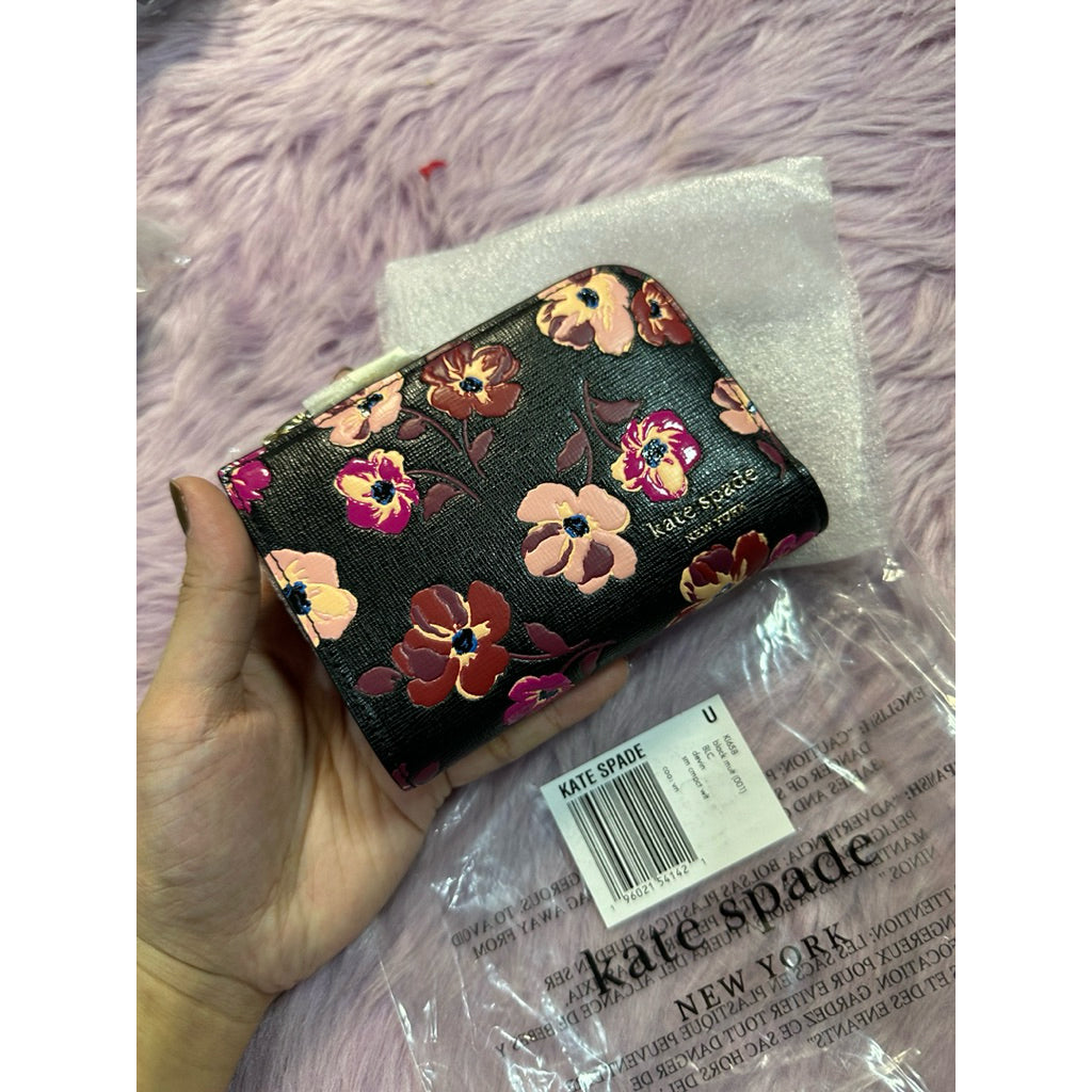 ORIG & IMPORTED Kate Spade Devin Fall Poppies Small Compact Black Floral Bifold Wallet
