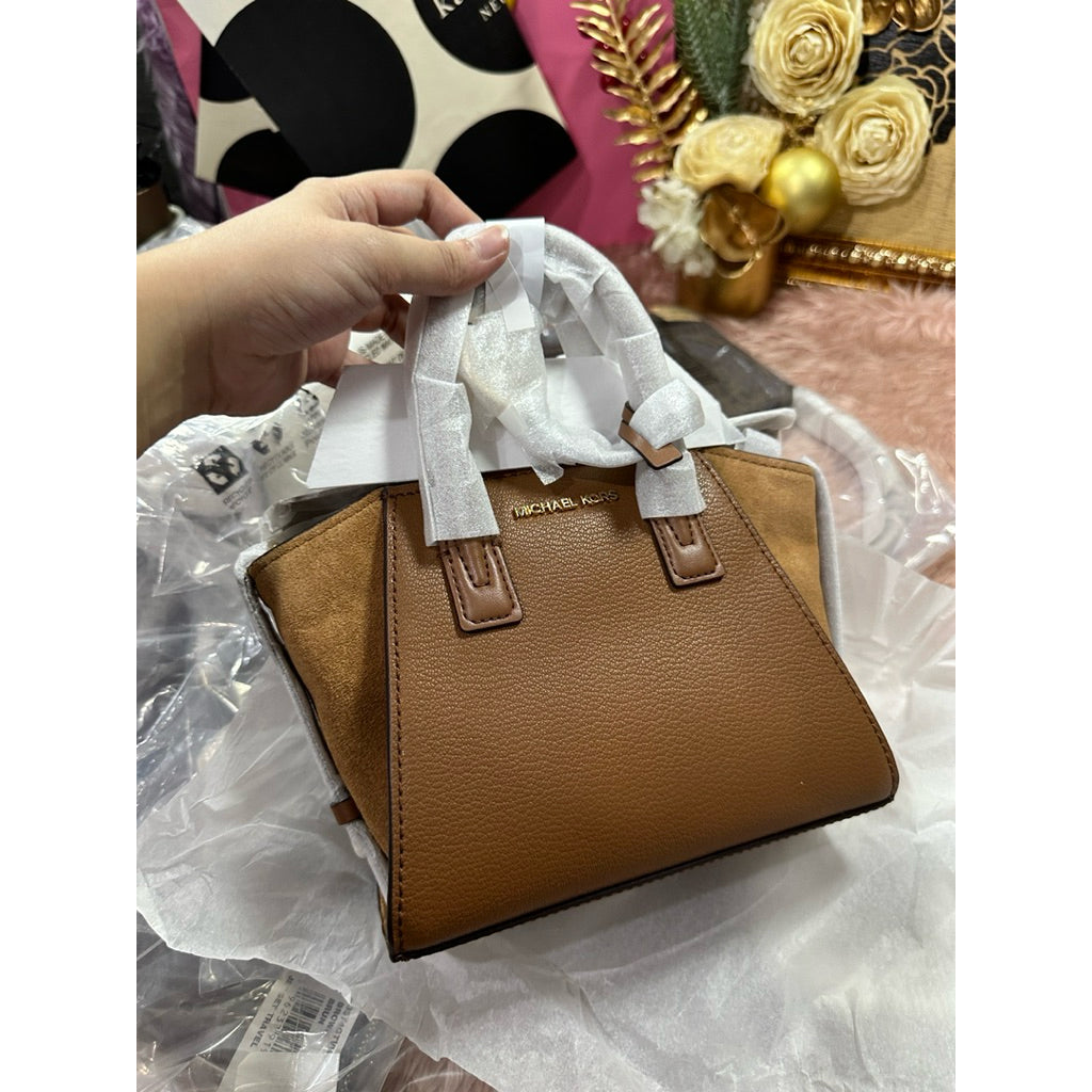 ORIG & IMPORTED MK Avril Extra-Small Leather and Suede Satchel Black Brown White Small Bag