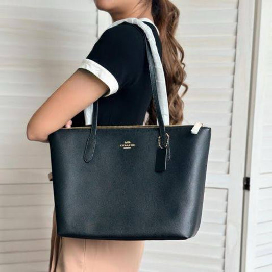 ORIG Preloved CCH Crossgrain Leather Zip Top Tote Shoulder Bag Black