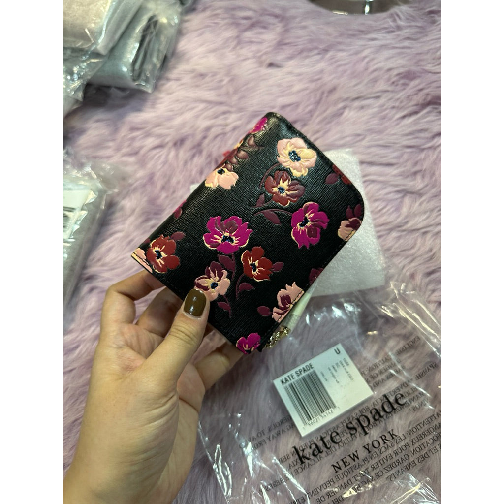 ORIG & IMPORTED Kate Spade Devin Fall Poppies Small Compact Black Floral Bifold Wallet