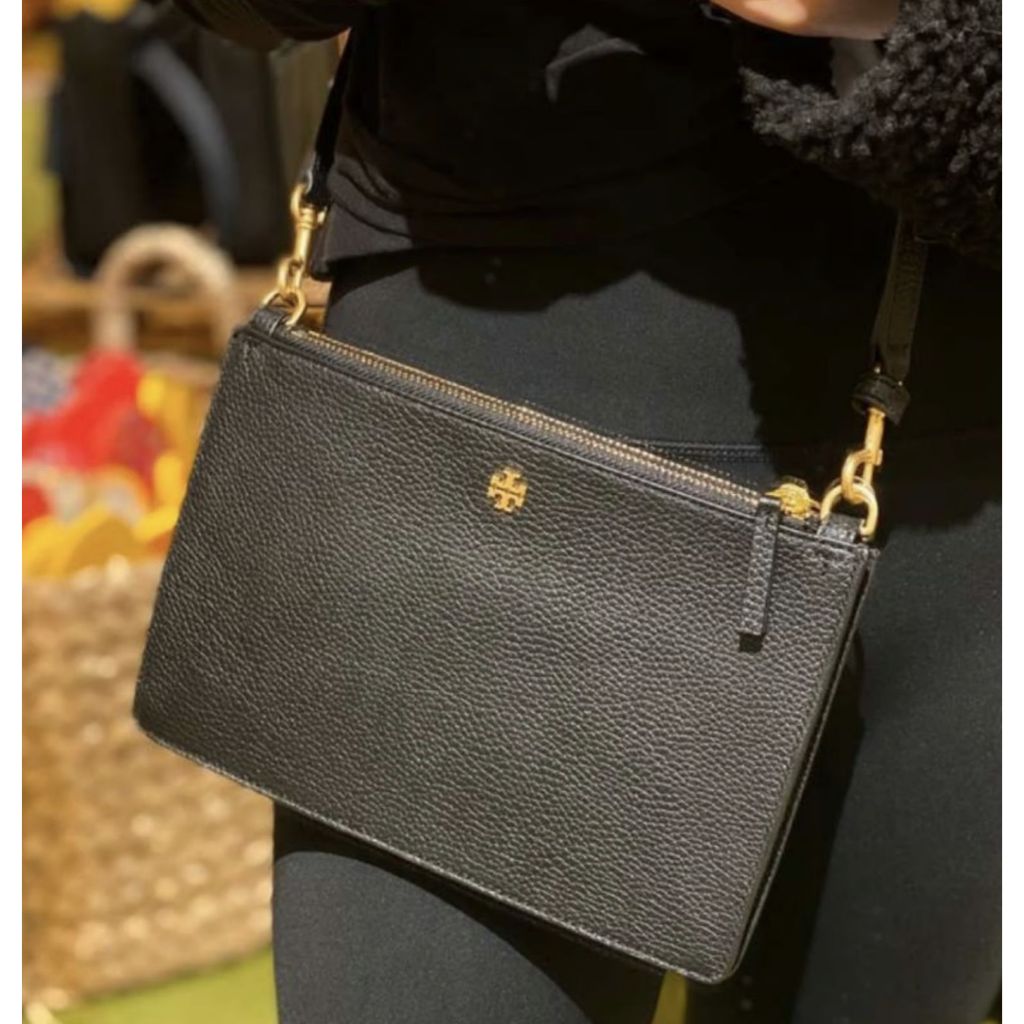 ORIG Preloved TB Double Zip Slim Crossbody Leather Bag BLACK