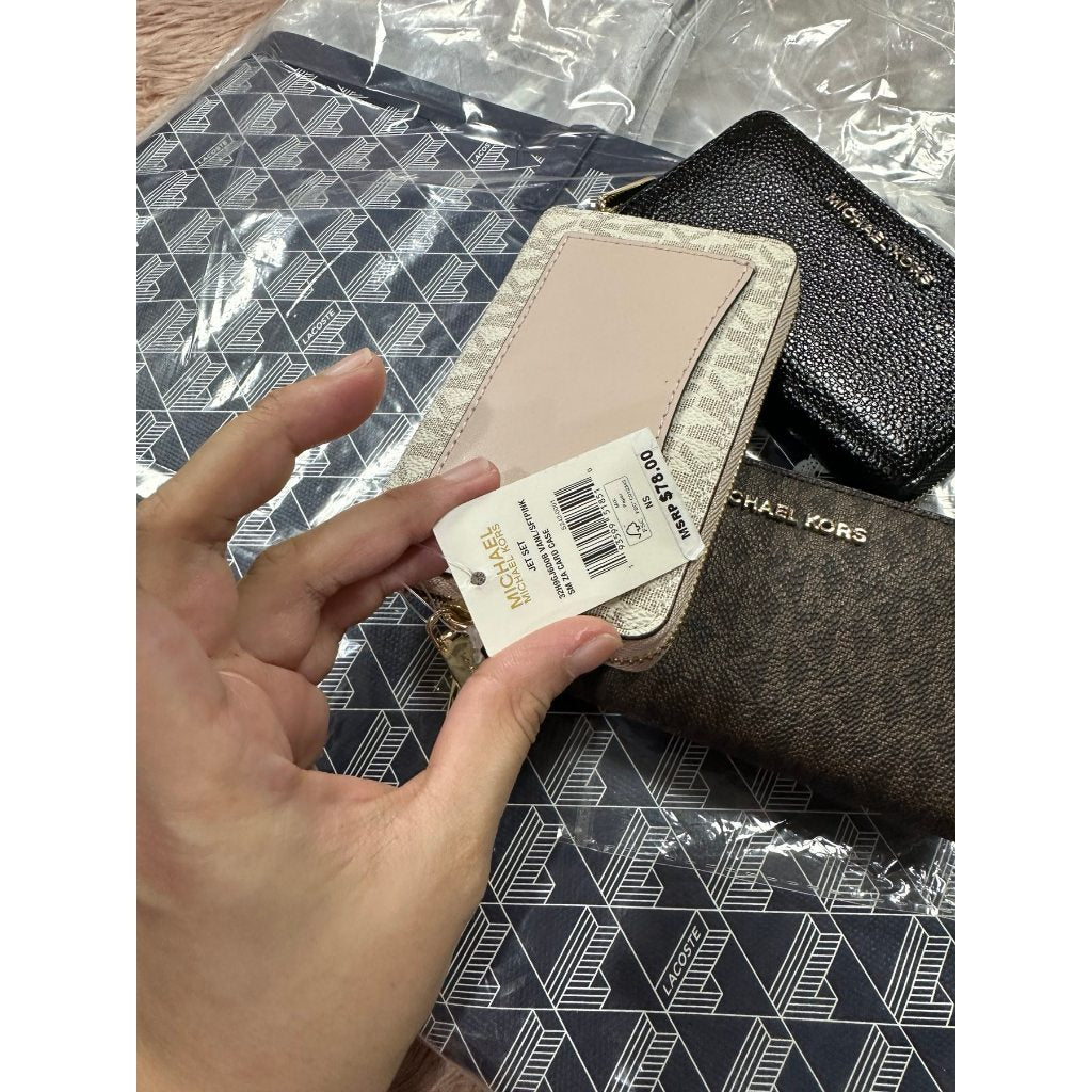 ORIG & IMPORTED MK Small Semi Lux Zip Around Card Case Wallet Brown/White/Black