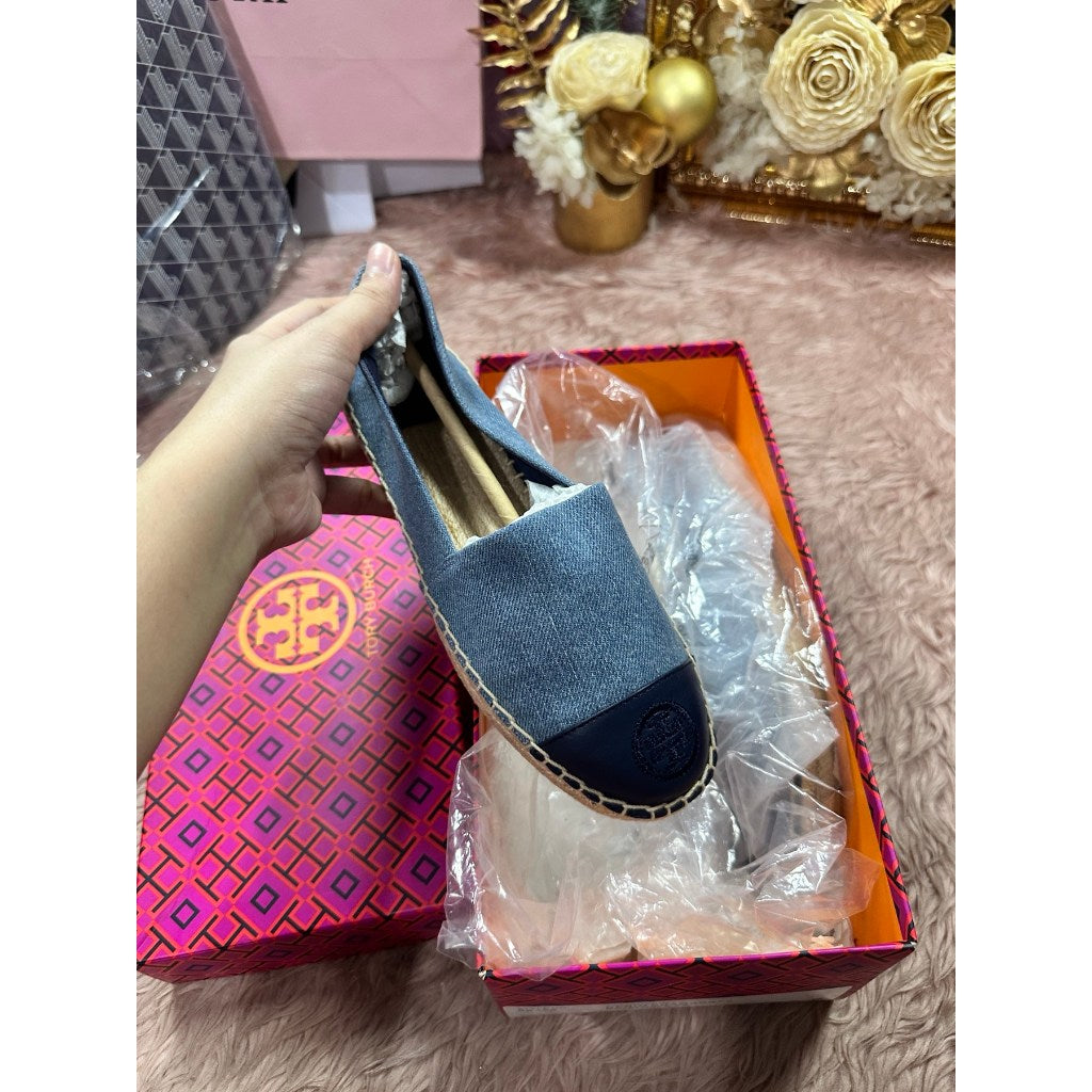 ORIG & IMPORTED Tory Burch w6 ONLY Denim Chambray Blue Flat Espadrille Shoe