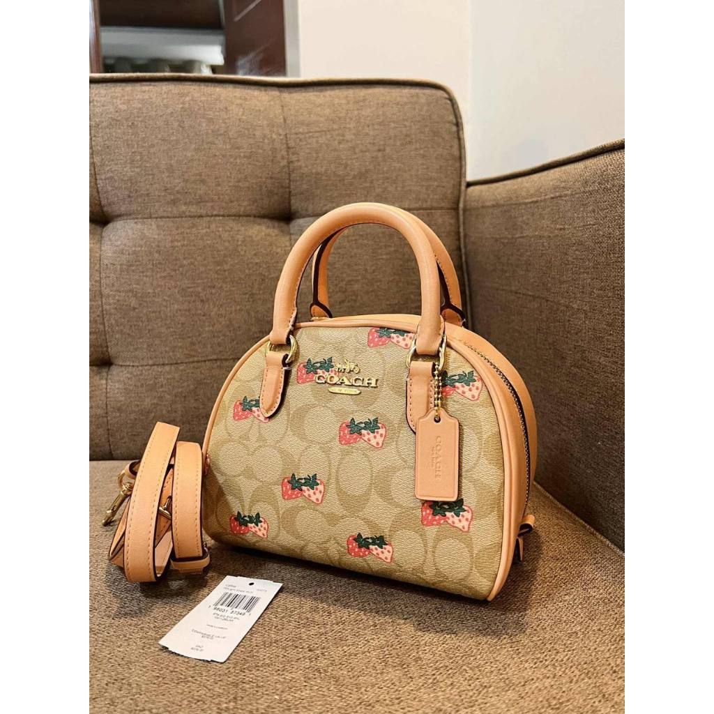 ORIG Preloved CCH Sydney Satchel Small Bag With Strawberry Print Light Khaki/Peach