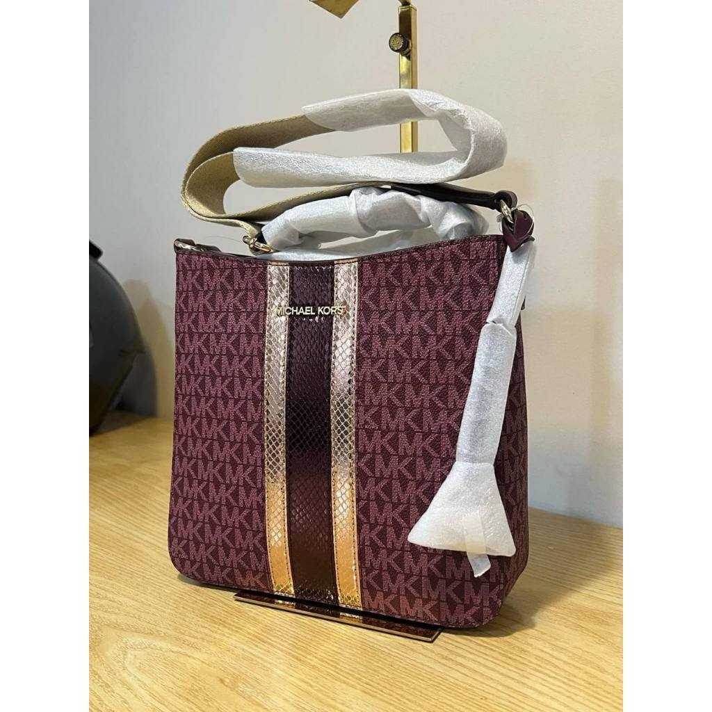 ORIG & IMPORTED MK Jet Set Travel Small Signature Logo and Metallic Messenger Bag Oxblood/Vanilla