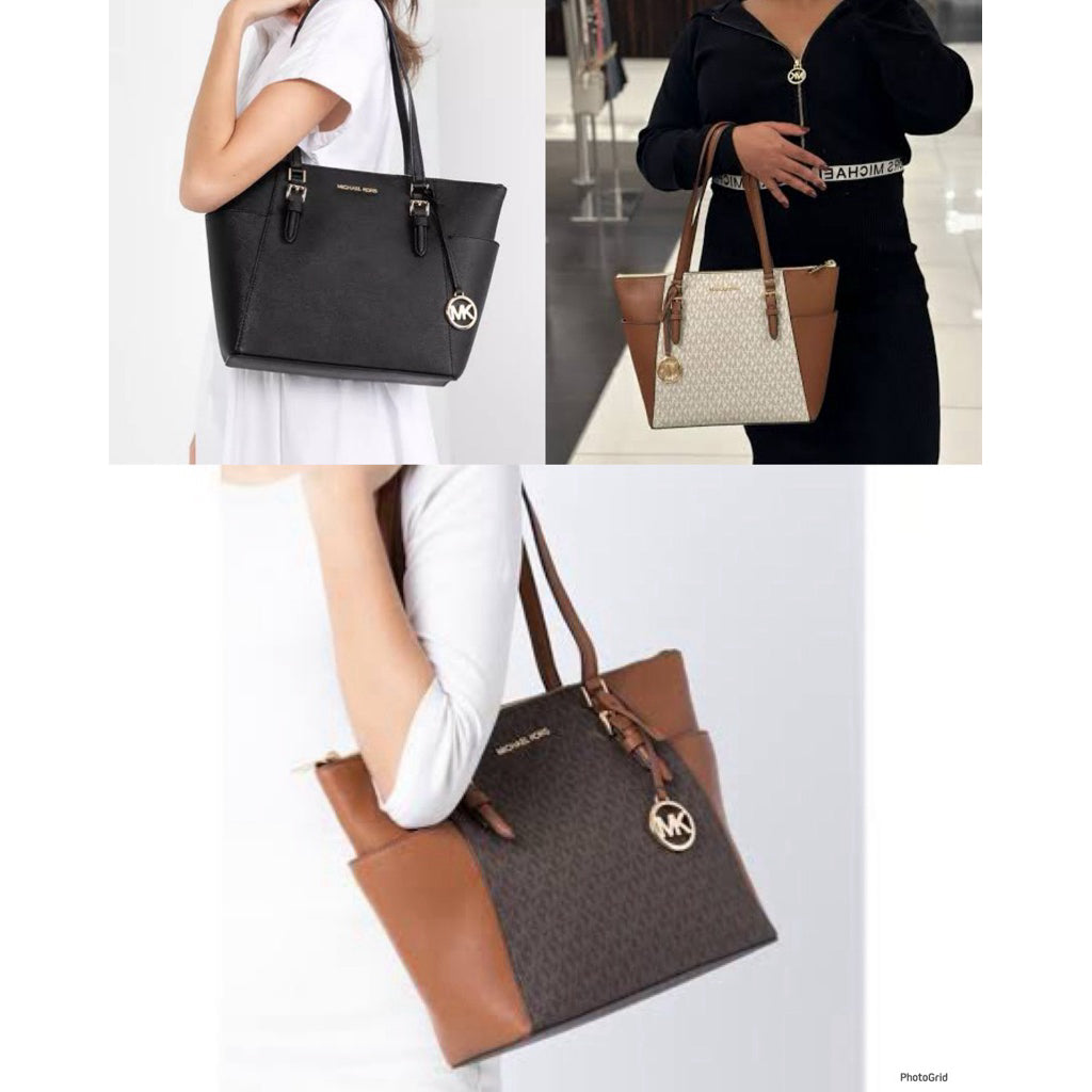 ORIG & IMPORTED MK Charlotte Large Logo and Leather Top-Zip Tote Bag Brown White Black