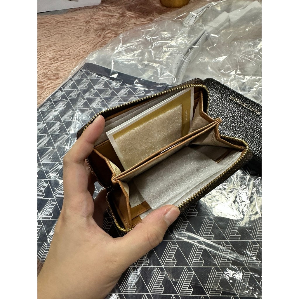 ORIG & IMPORTED MK Small Semi Lux Zip Around Card Case Wallet Brown/White/Black