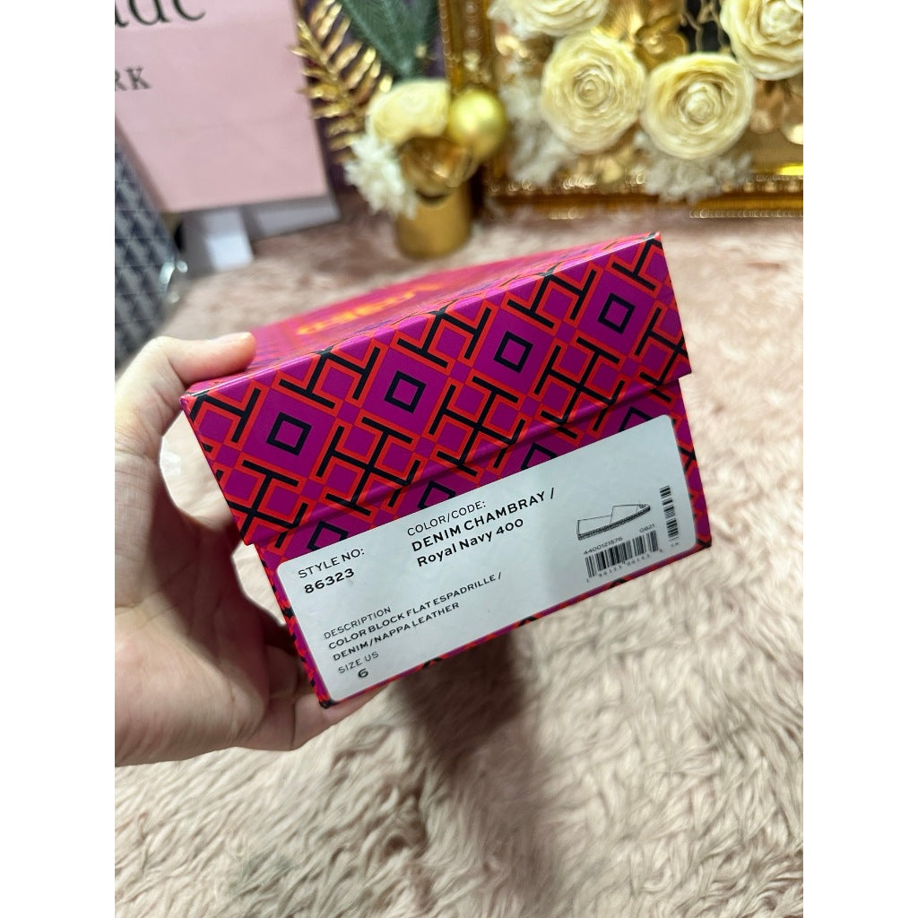 ORIG & IMPORTED Tory Burch w6 ONLY Denim Chambray Blue Flat Espadrille Shoe