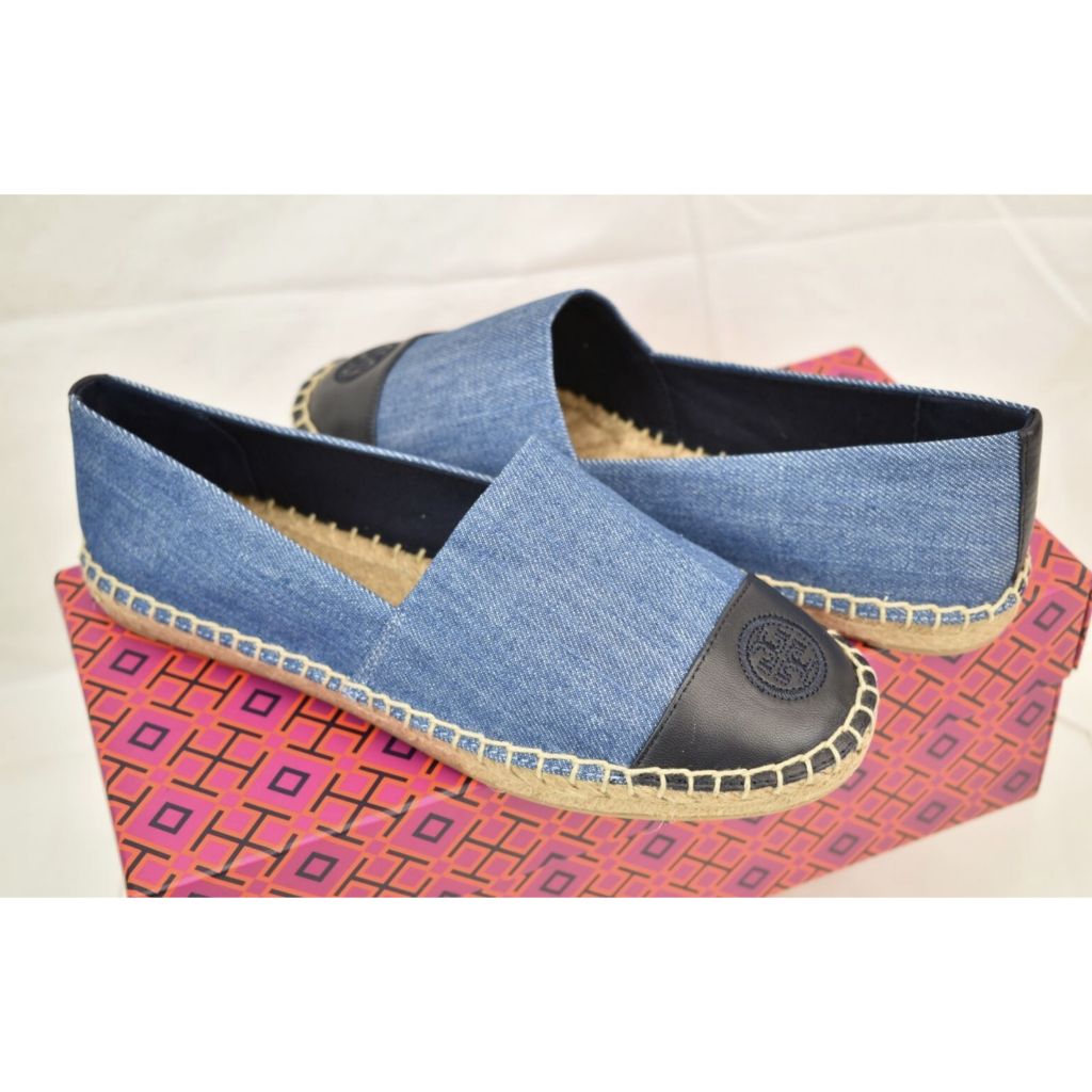 ORIG & IMPORTED Tory Burch w6 ONLY Denim Chambray Blue Flat Espadrille Shoe