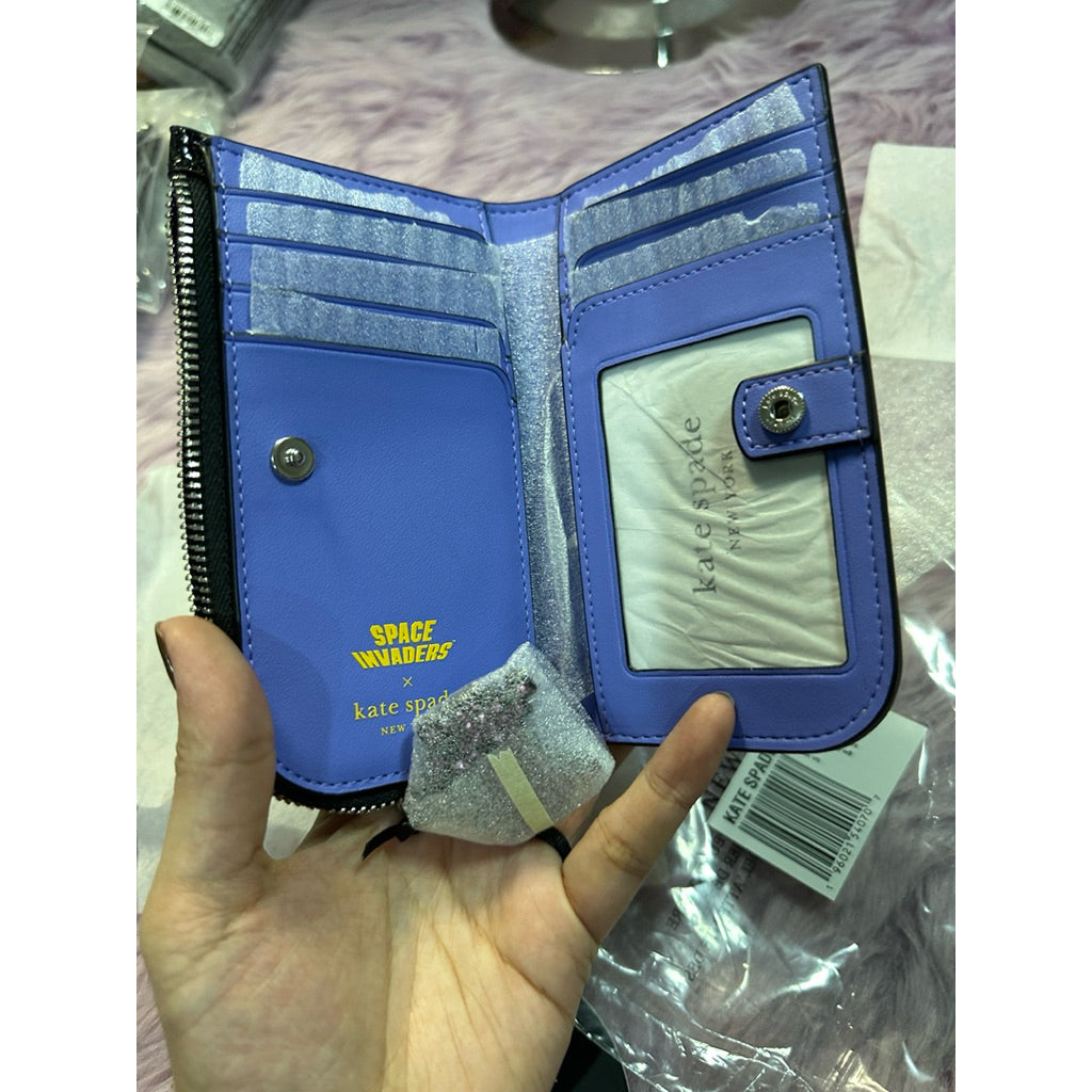 ORIG & IMPORTED KS Space Invaders X Kate Spade Glitter Patent Small Slim Bifold Wallet Black Blue