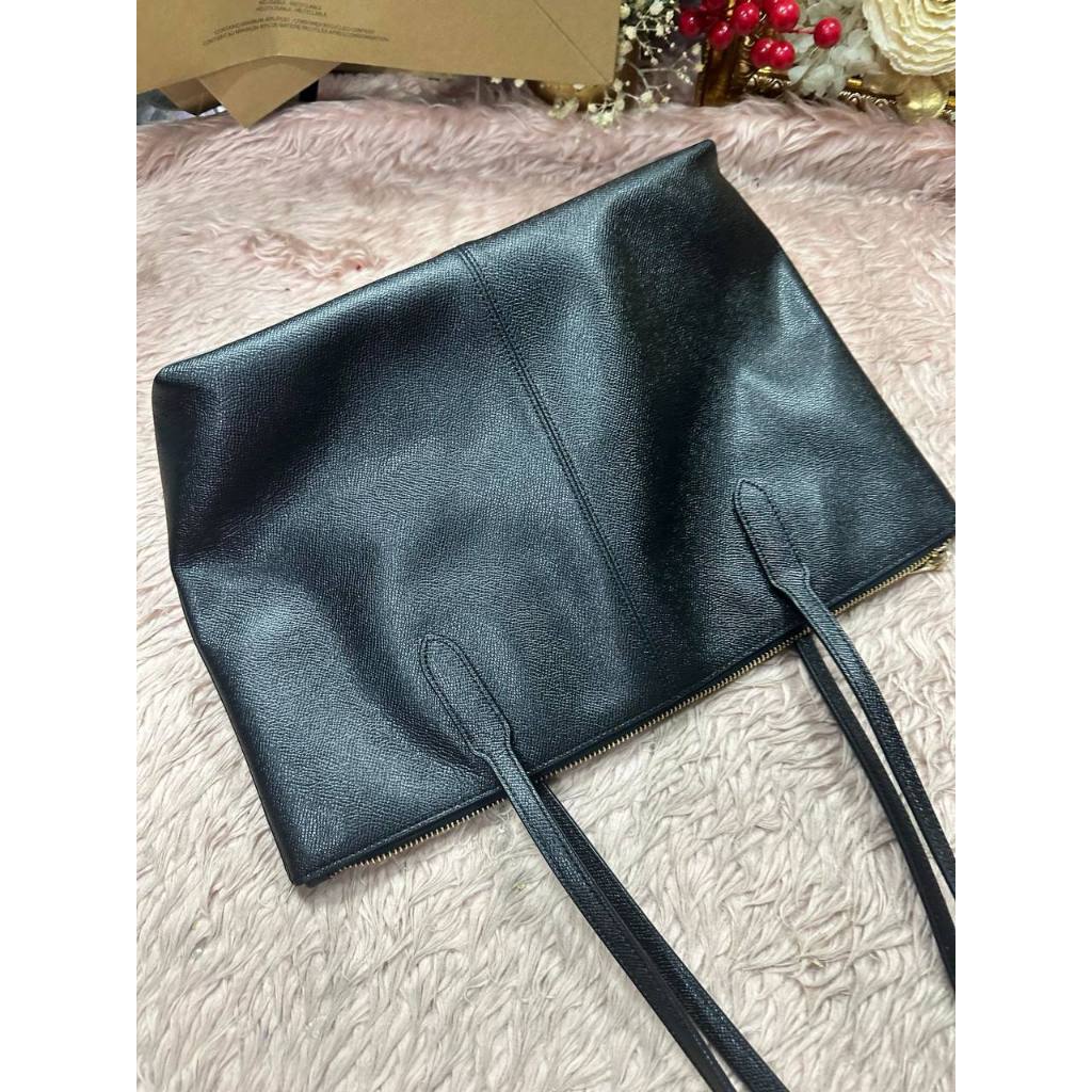 ORIG Preloved CCH Crossgrain Leather Zip Top Tote Shoulder Bag Black
