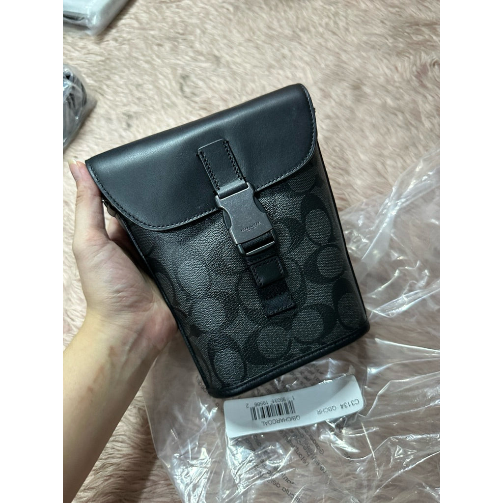 AUTHENTIC/ORIGINAL CCH Track Small Flap Crossbody Phone Men Black Bag In Signature Canvas