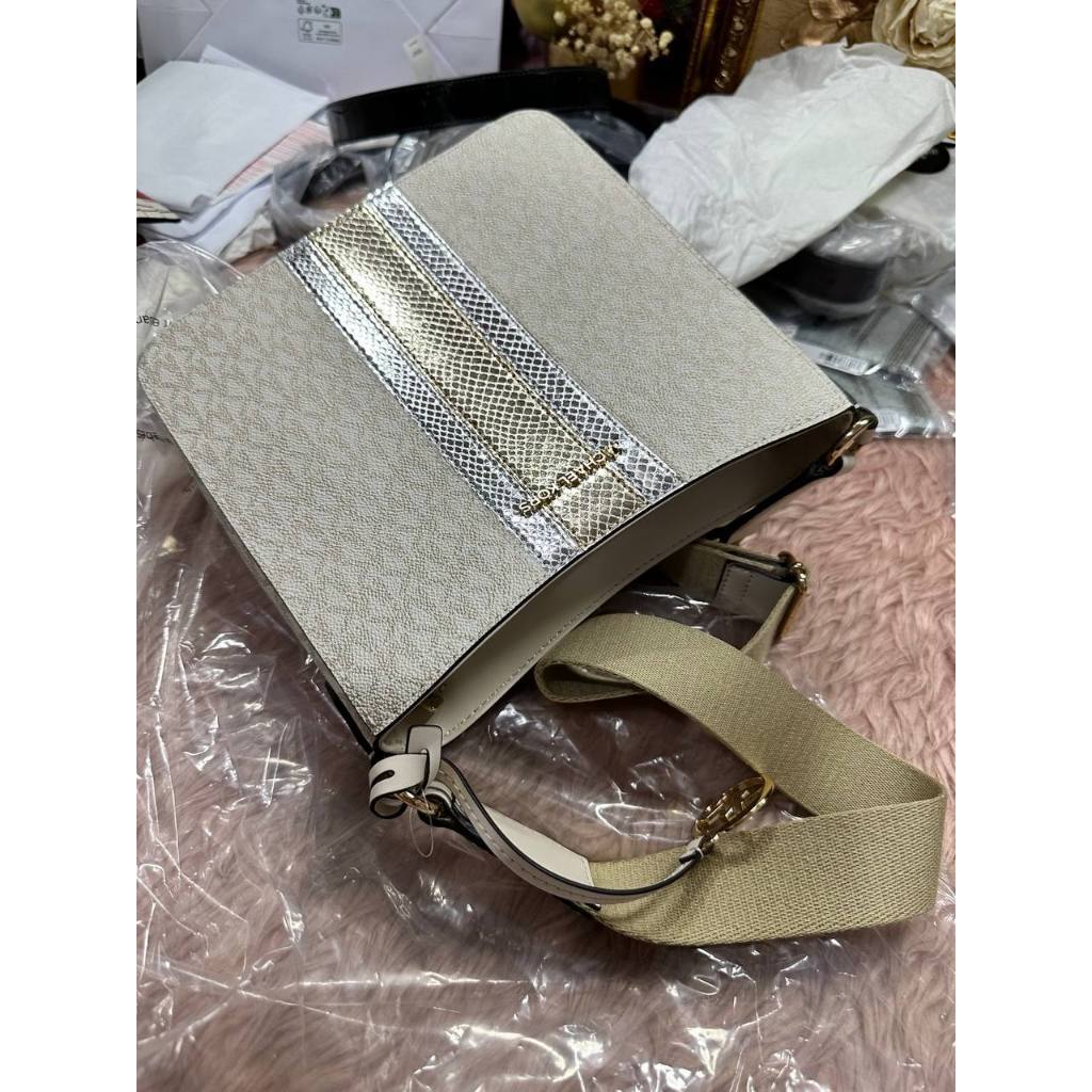ORIG & IMPORTED MK Jet Set Travel Small Signature Logo and Metallic Messenger Bag Oxblood/Vanilla