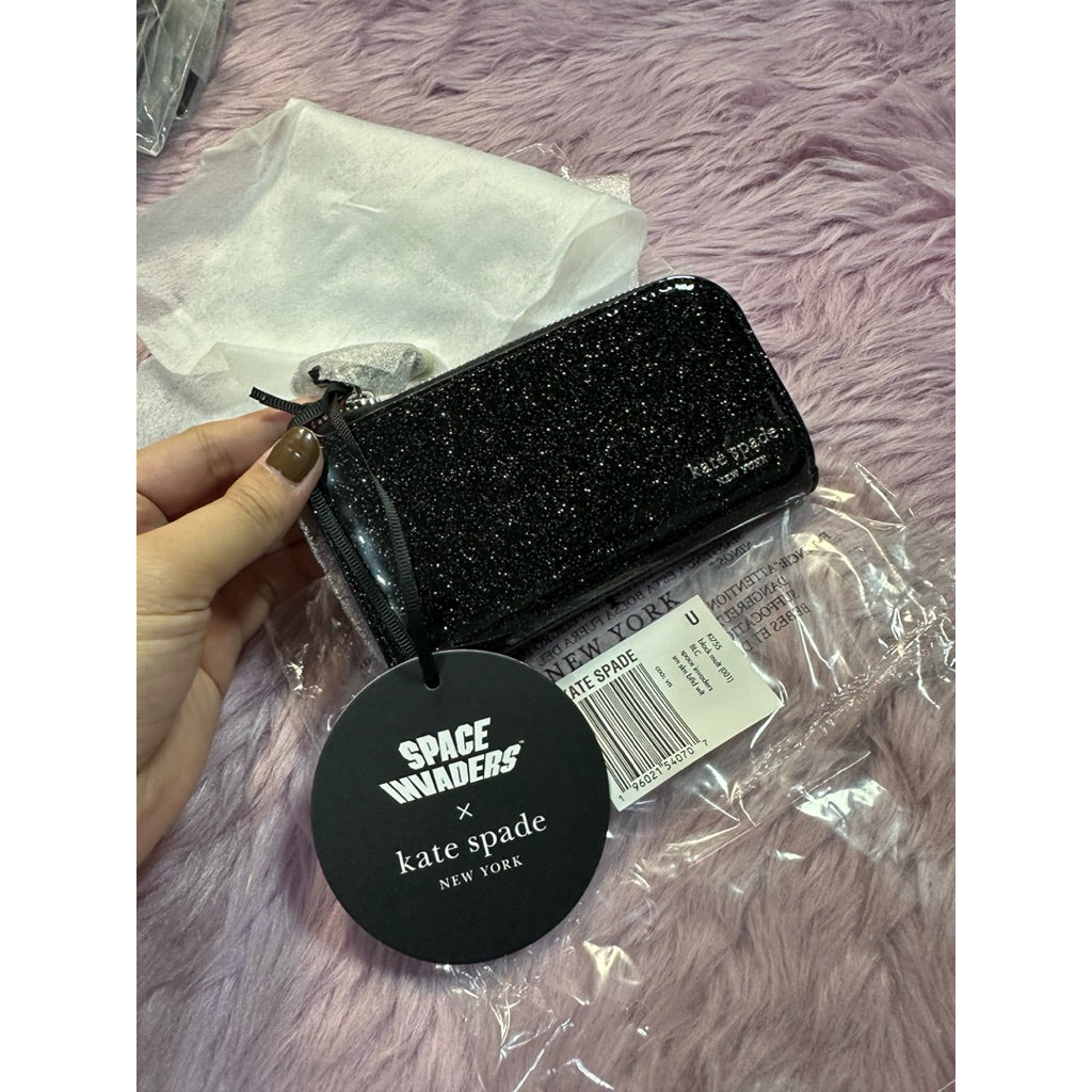 ORIG & IMPORTED KS Space Invaders X Kate Spade Glitter Patent Small Slim Bifold Wallet Black Blue