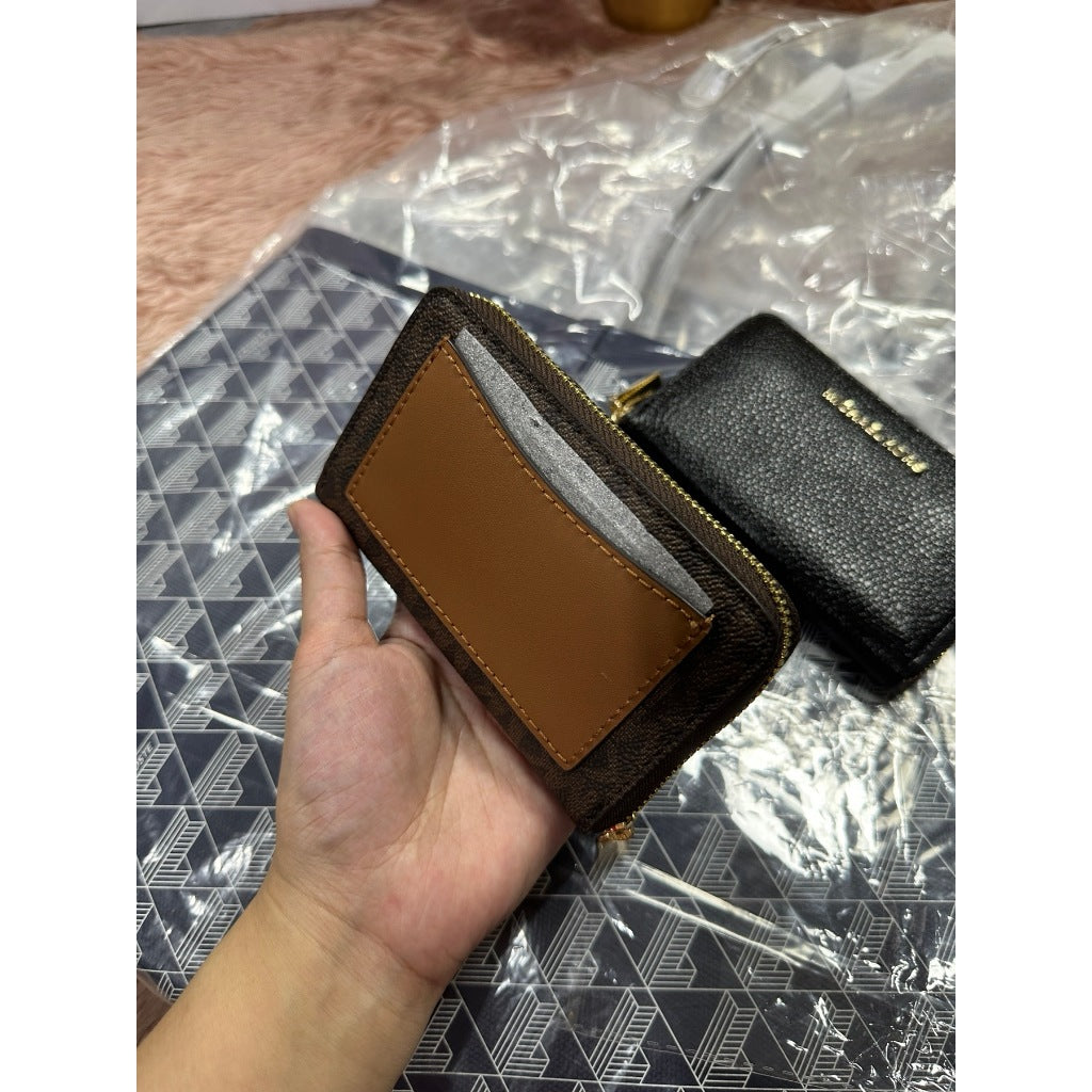 ORIG & IMPORTED MK Small Semi Lux Zip Around Card Case Wallet Brown/White/Black