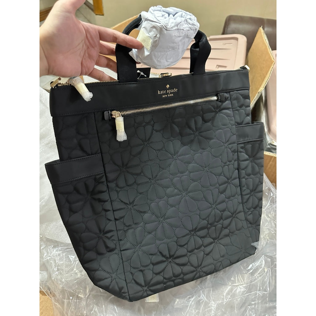 ORIG & IMPORTED KS Spade Flower Quilted Fabric Convertible Large Backpack Bag Pink/Black
