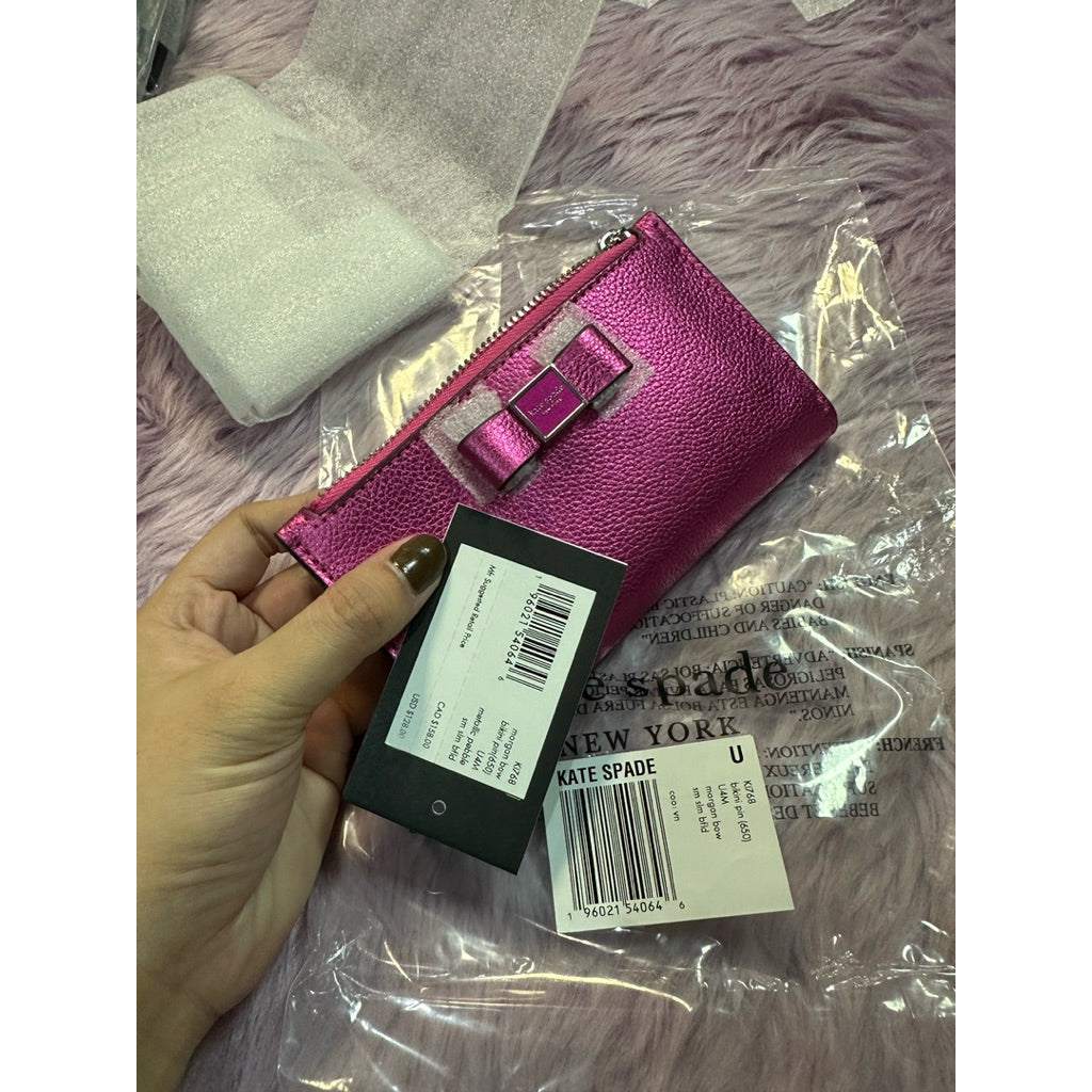 ORIG & IMPORTED KS Morgan Bow Metallic Small Slim Bifold Pink Wallet