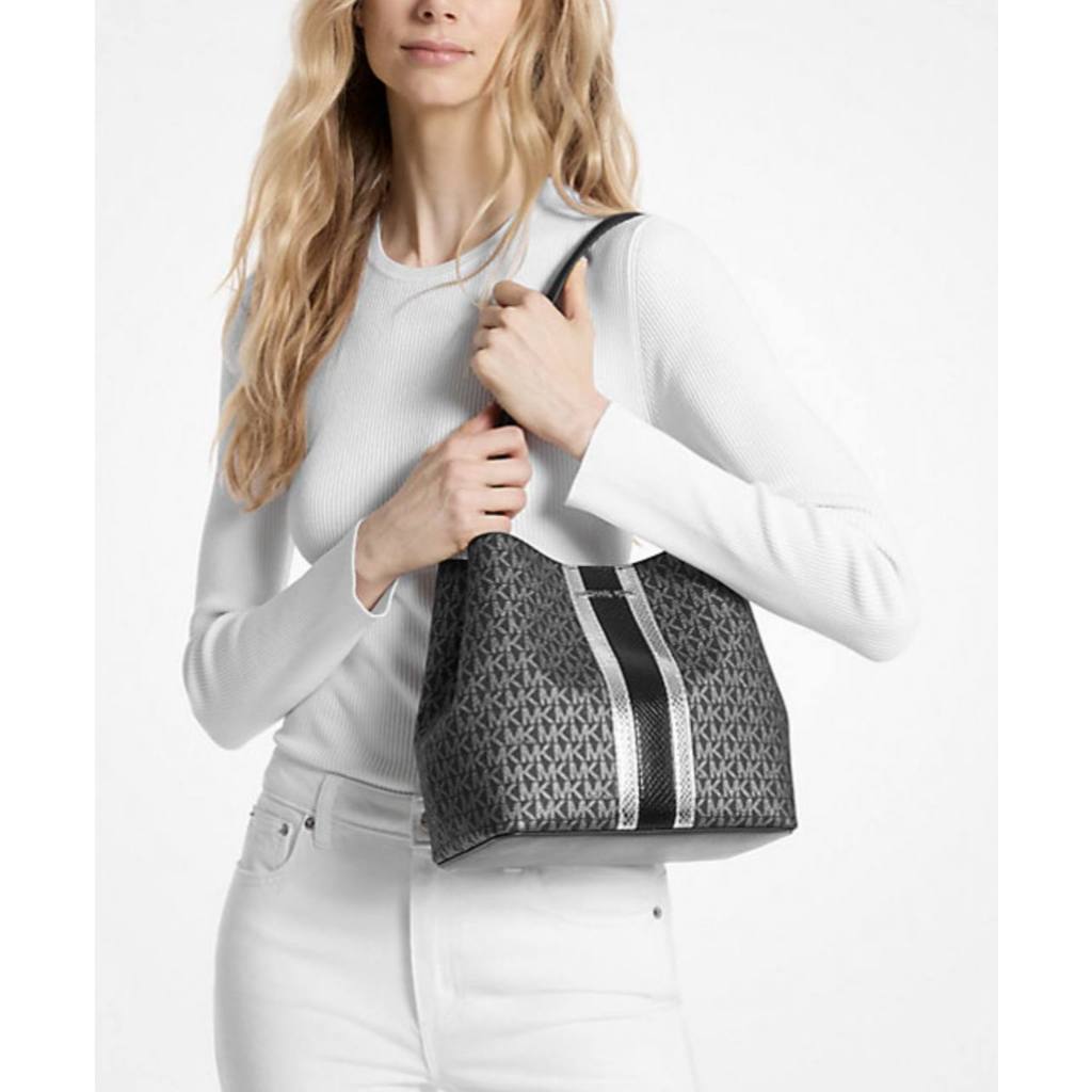 ORIG & IMPORTED MK Pratt Medium Signature Logo and Metallic Shoulder Bag Black