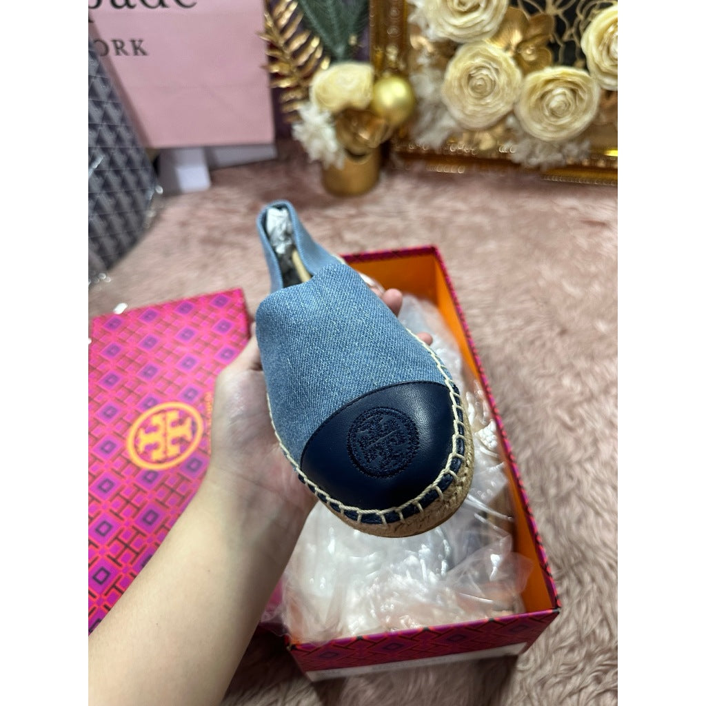 ORIG & IMPORTED Tory Burch w6 ONLY Denim Chambray Blue Flat Espadrille Shoe