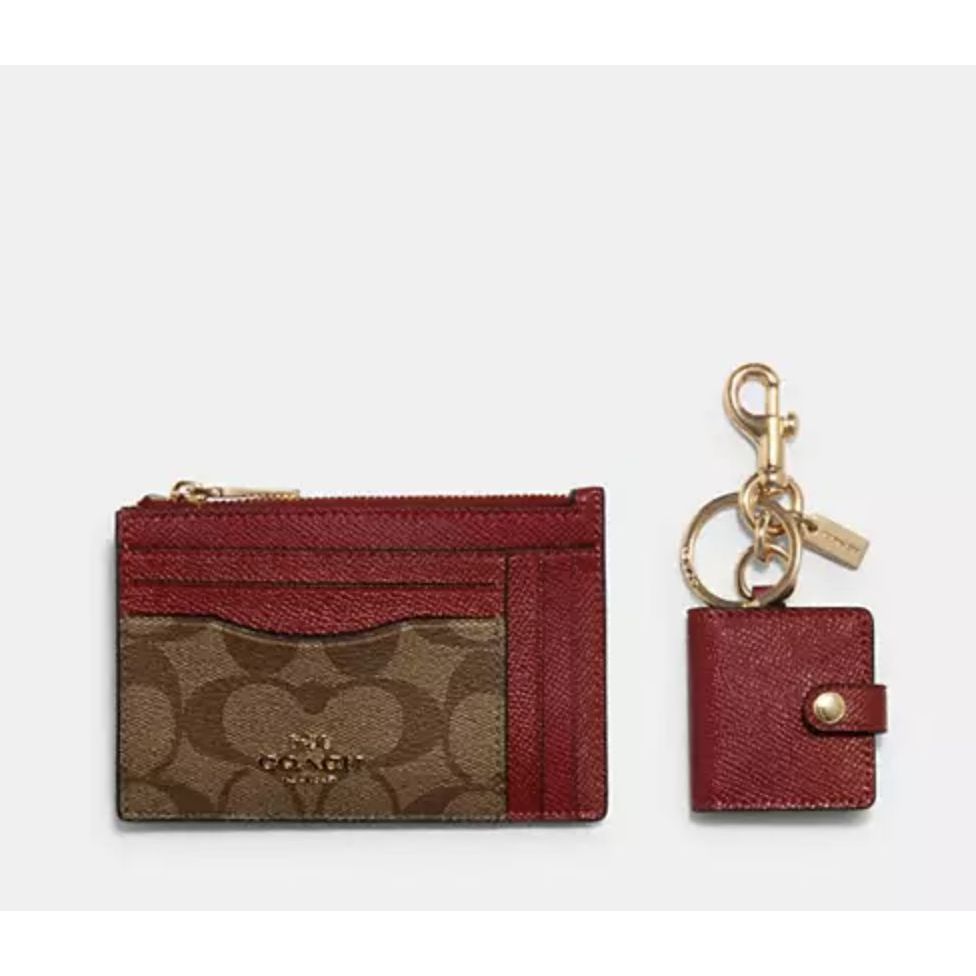 ORIG & IMPORTED CCH Boxed Skinny Id Case And Picture Bag Charm Set In Signature Canvas Brown/Red