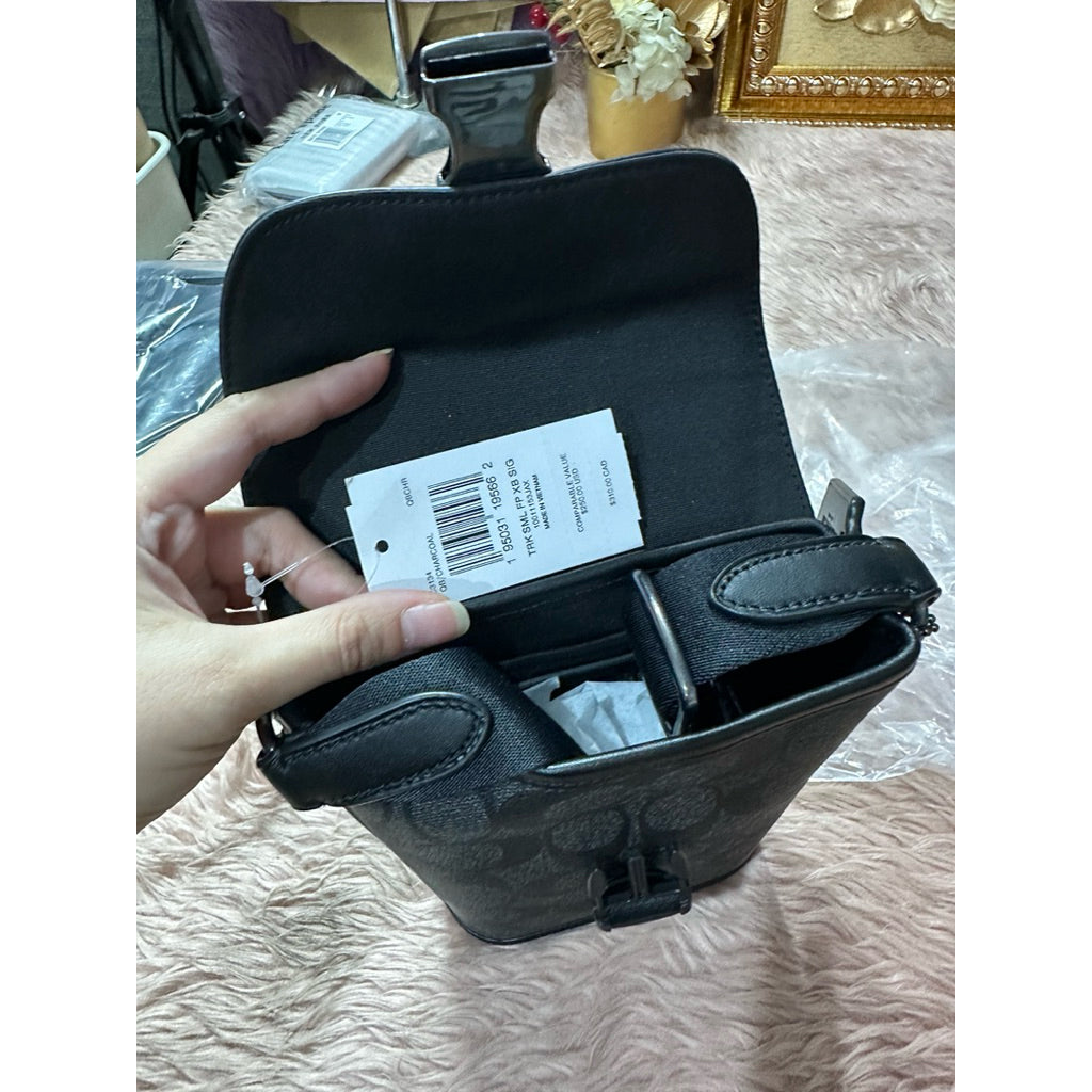 AUTHENTIC/ORIGINAL CCH Track Small Flap Crossbody Phone Men Black Bag In Signature Canvas