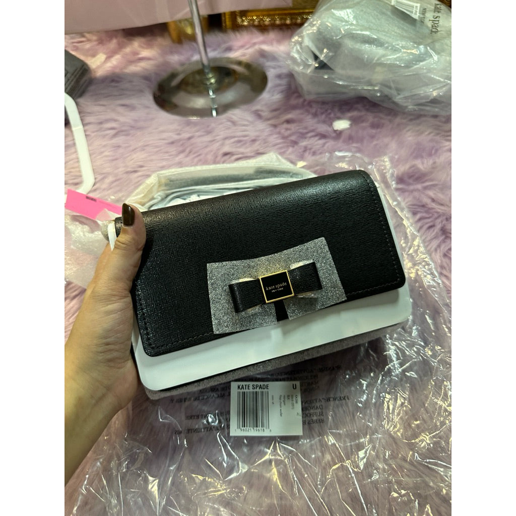 ORIG & IMPORTED KS Morgan Bow Embellished Flap Chain Wallet Small Black Bag
