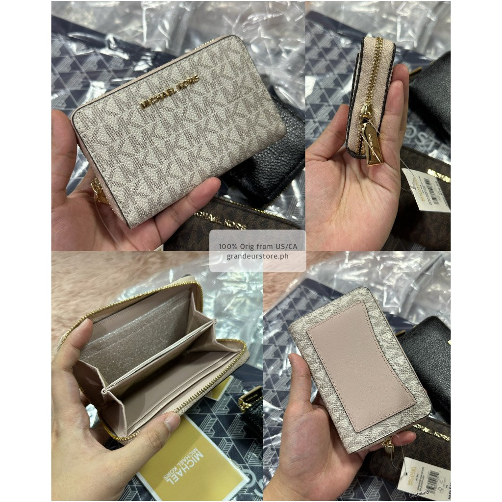 ORIG & IMPORTED MK Small Semi Lux Zip Around Card Case Wallet Brown/White/Black
