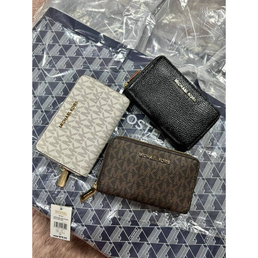 ORIG & IMPORTED MK Small Semi Lux Zip Around Card Case Wallet Brown/White/Black