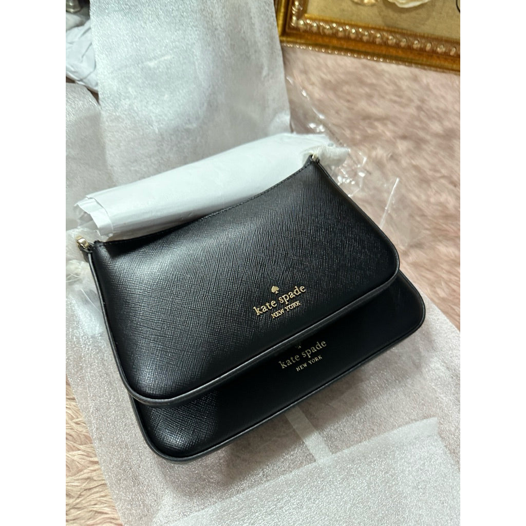AUTHENTIC/ORIGINAL KS Duet Saffiano Leather Small Crossbody Dual Black Bag