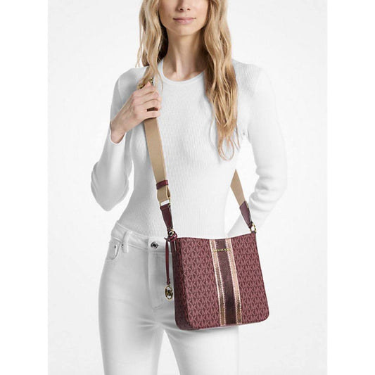 ORIG & IMPORTED MK Jet Set Travel Small Signature Logo and Metallic Messenger Bag Oxblood/Vanilla