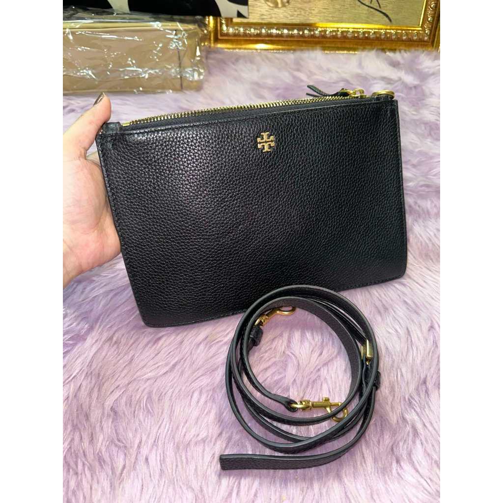 ORIG Preloved TB Double Zip Slim Crossbody Leather Bag BLACK