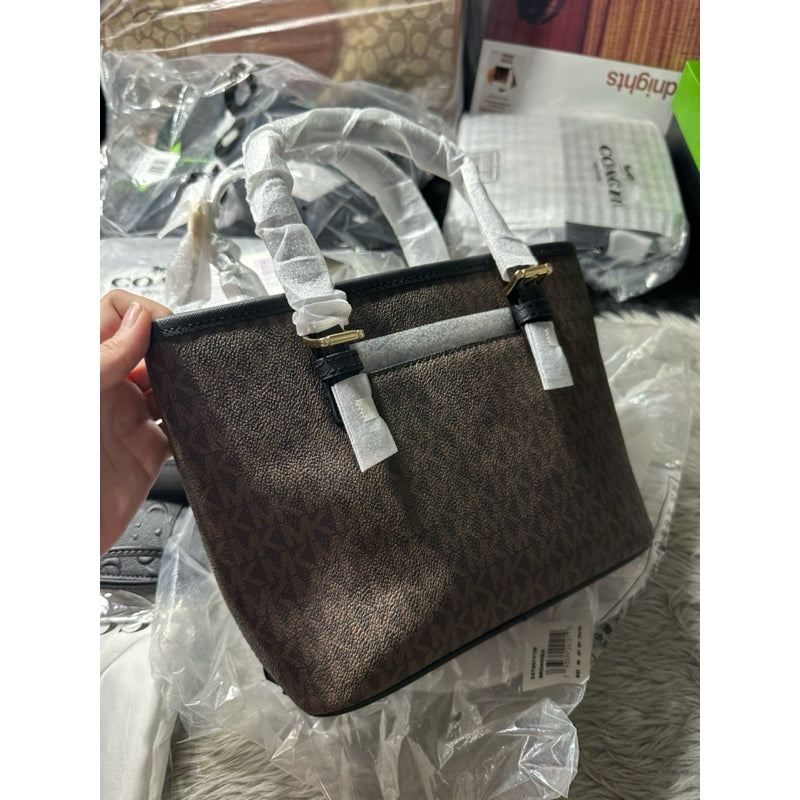ORIG & IMPORTED MK Jet Set Travel Extra-Small Logo Top-Zip Tote Bag in Brown/Black