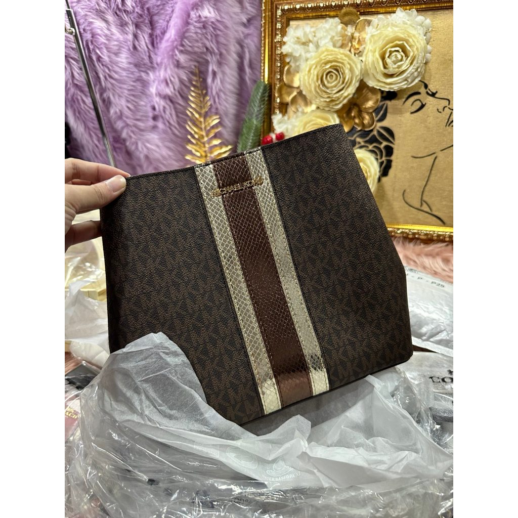 ORIG & IMPORTED MK Pratt Medium Signature Logo and Metallic Shoulder Bag Brown